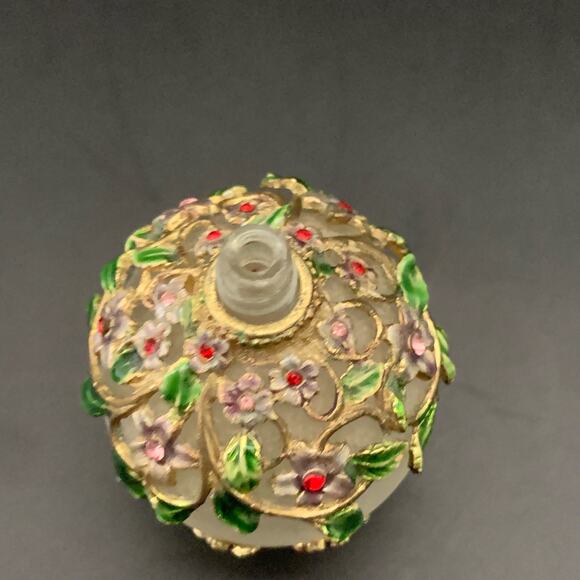 Vintage Jeweled Rhinestone Enamel Glass Perf,ume Empty Bottle Ornate Floral - Picture 10 of 12